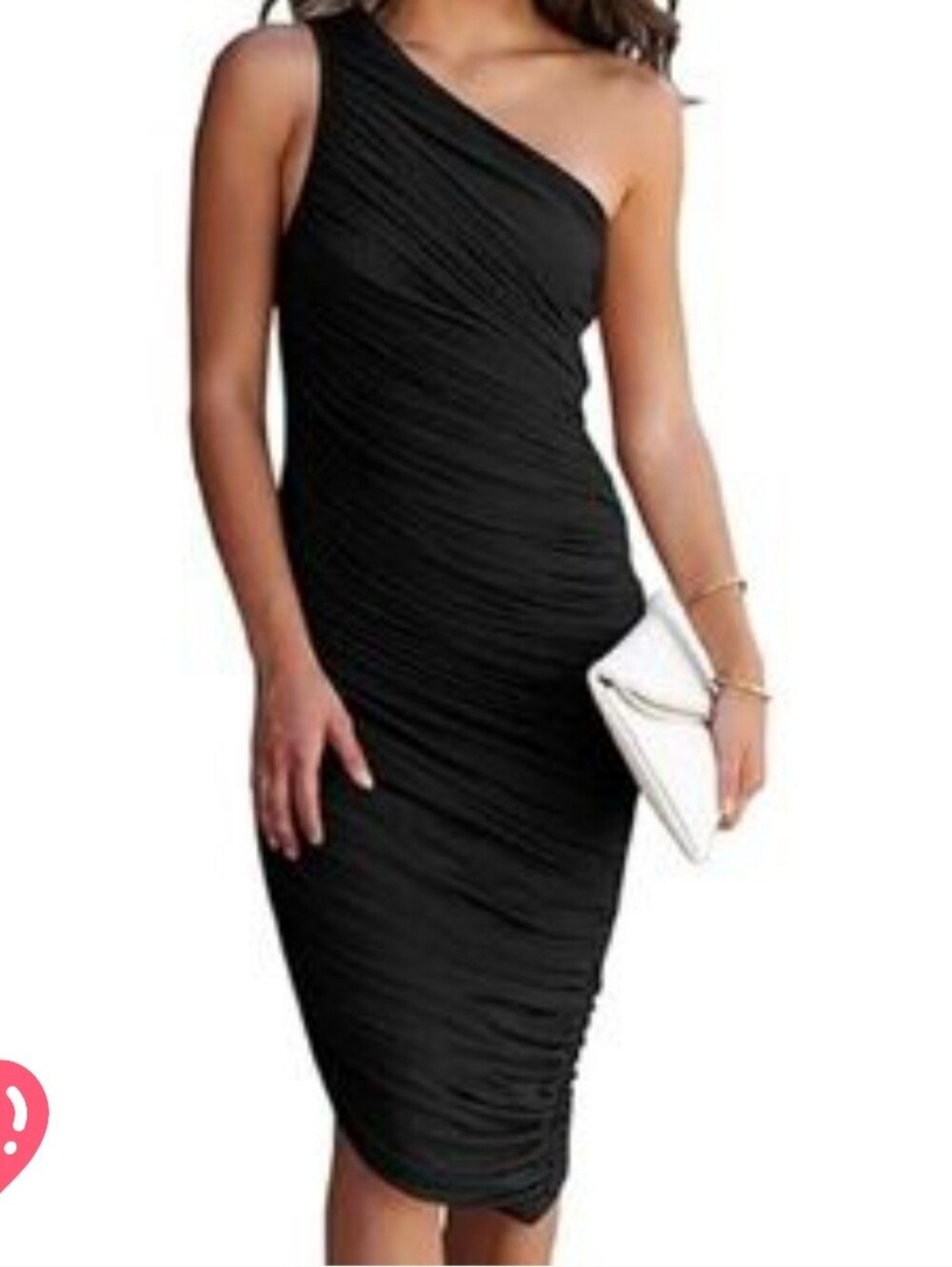 🆕️ Pretty Garden One-Shoulder Black Bodycon Ruched Mesh Overlay Midi Dress